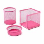 3 Lü Masa Üstü Kalemlik Seti Metal Perfore Pembe