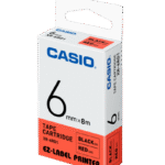 Casio Xr-6Rd1 Etiket Yazıcısı Kartuşu Kırmızı Zemin Üzerine Siyah Baskı 6 mm 8 Metre